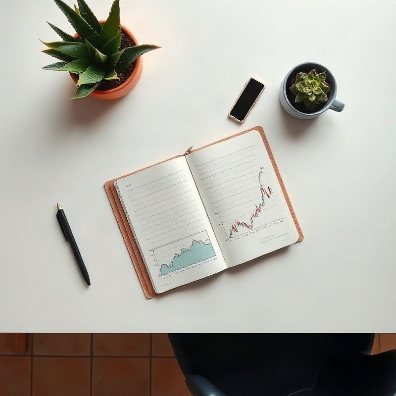 Escritorio con cuaderno abierto y ordenador mostrando gráficos financieros